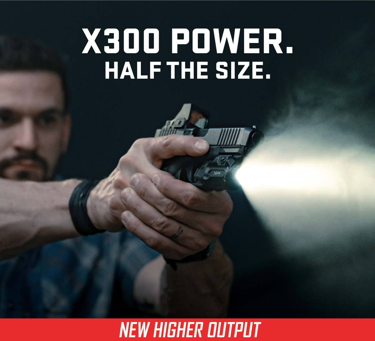 Man holding a handgun equipped with a weapon light