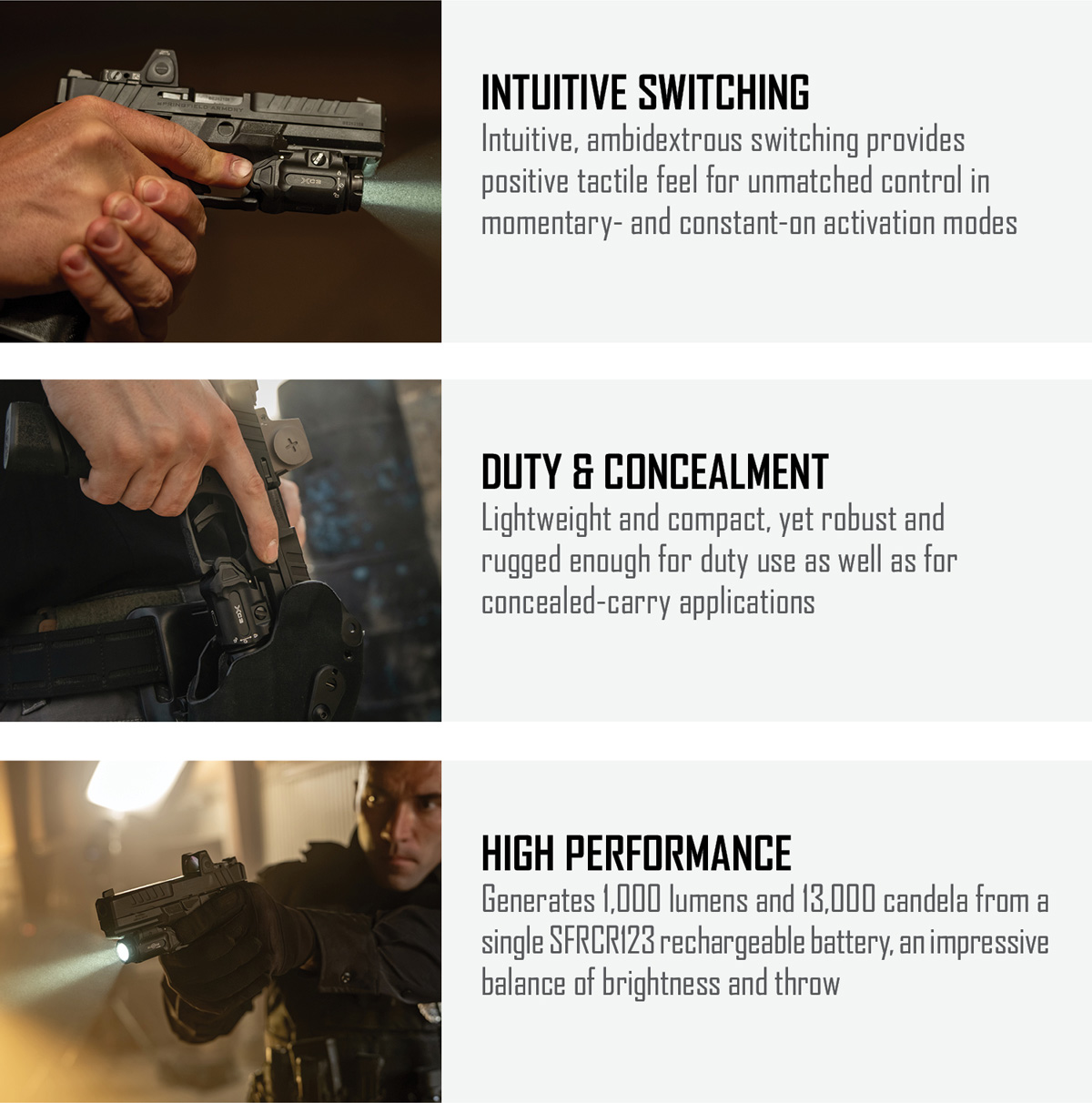 Features: Intuitive Switching, Duty & Concealment, High Performance